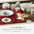 Spode Christmas Tree 16-Piece Tartan Dinnerware Set (Service for 4) - Festive Holiday Tableware with Plates, Bowls, Mugs - Porcelain Christmas Dinnerware - Microwave & Dishwasher Safe