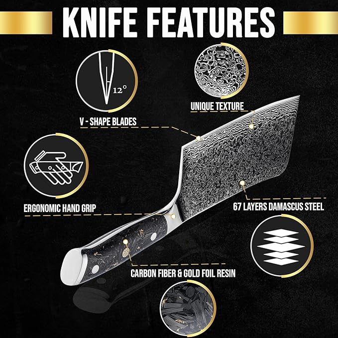 SliceElite Elite Series 7-Inch Damascus Bone Cutting Knife – VG10 Steel Blade with Forged Carbon Fiber Handle Infused with Gold Leaf, Sheaths Option (Bone Cutting Knife)