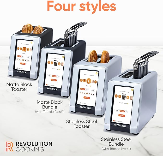 Revolution (Bundle) R180 Connect Touchscreen Smart Toaster + Toastie Press – Choose from 6 Bread Types, 7 Browning Levels, & Toastie Press Mode (Black, 2-Slice)