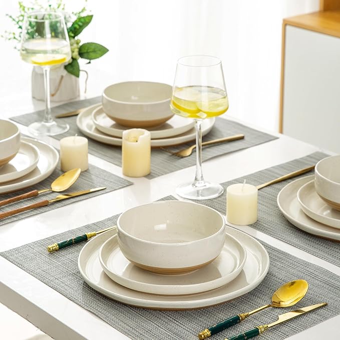 AmorArc Ceramic Dinnerware Sets for 8, 24 Pieces Handpainted Plates and Bowls Set with Rustic Terracotta Underside, Scratch Resistant Stoneware Dishes Set, Dishwasher & Microwave Safe, Light Beige