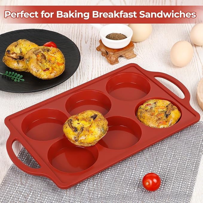 CAKETIME Muffin Top Pan, 3 Inch Metal Reinforced Frame Silicone Egg Molds for Breakfast Sandwiches Non Stick Round Silicone Egg Pan for Baking English Muffins, Whoopie Pies, Corn Bread, Tarts Brown