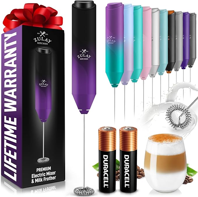 Zulay Kitchen Milk Frother Handheld with 2 Duracell AA Batteries – Electric Drink Mixer for Coffee, Lattes, Cappuccinos, Matcha & Hot Chocolate – Portable Foam Maker & Coffee Bar Accessory