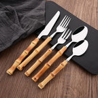 Dinner Fork Set, 8-Piece Natural Bamboo Forks, 18/8 Stainless Steel with Bamboo Handle, Silver Mirror Finish, Unique Design, 8.27 Inch