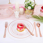 bUCLA 300PCS Clear Rose Gold Plastic Dinnerware - Rose Gold Disposable Dinnerware Set Include 50 Dinner Plates,50 Dessert Plates,50 Knives,50 Forks,50 Spoons,50 Cups for Party, Wedding & Mother’s Day