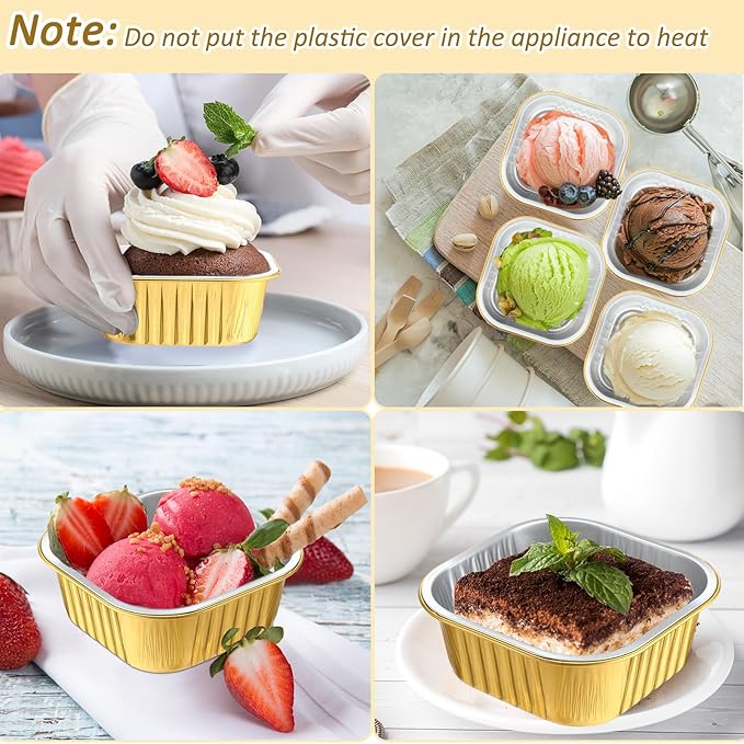 Aoriher 150 Pieces 10 oz Mini Cake Pans with Lids Aluminum Foil Baking Cups Square Disposable 4" x 4" Large Cupcake Cups Baking Tins for Kitchen Brownie Pudding Desserts Holders(Gold, Silver)