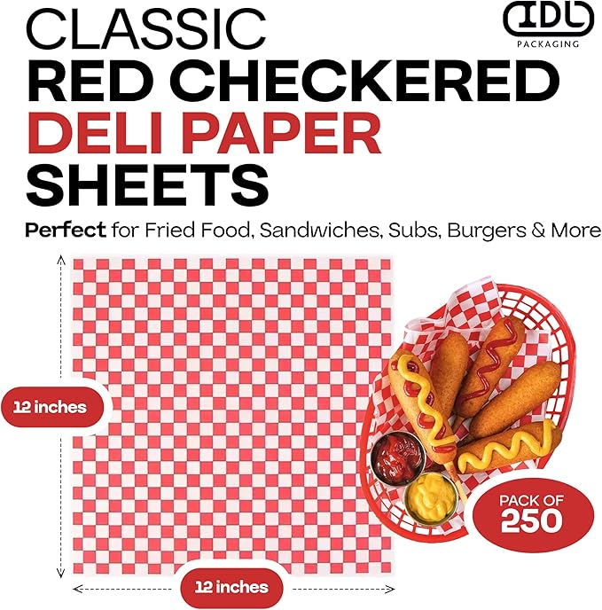 Red Checkered Deli Paper Sheets, 12" x 12" (250 pcs) - USA-Made Premium Food Basket Liners - PFAS-free Grease Resistant Deli Paper Sheets for Food, Snack & Baking Wrap, Picnic & Party by IDL Packaging