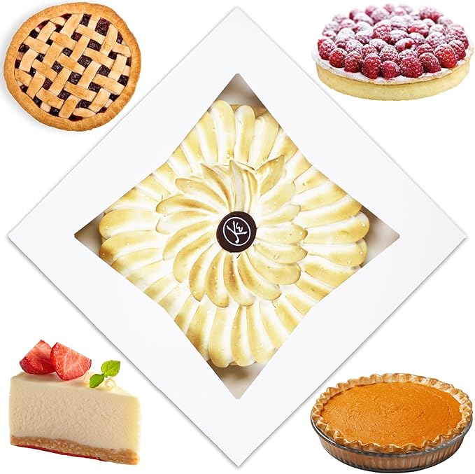 BAKELUV Pie Boxes for 9 Inch Pie | White, 25 Pack | 9x9x2.5 Bakery Box with Window, 9x9 Cookie Box, 9 Inch Pastry Boxes with Window Bulk, Cake Boxes, Auto Pop Up