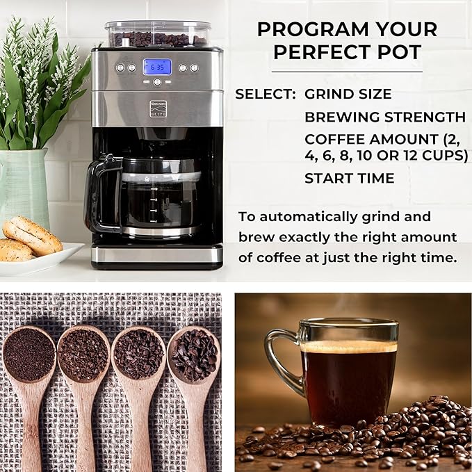 Kenmore Elite Grind and Brew Coffee Maker - Built-In Grinder, Automatic Drip Coffee Machine, 12 Cup Programmable Brewer, Bean Grinder and Ground Coffee Brewer, Coffee Maker and Grinder Combo