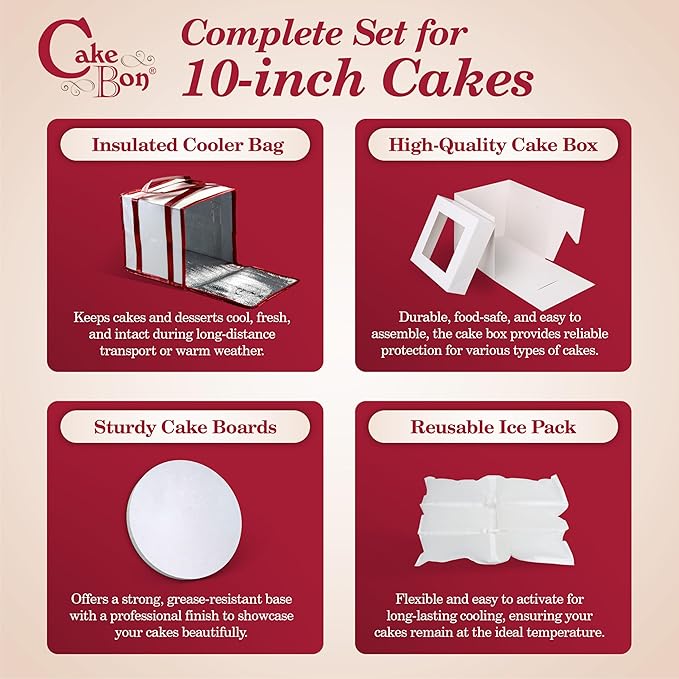 Cakebon Cake Box and Boards, 10-Inch Round White Wrapped Edges 1/2- Inch Thick Drums with Insulated Bag and Ice Pack – Cake Transport Set, Cooler for Cake Delivery and Transport (1pc Each, 4pcs Total)