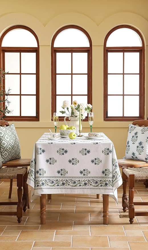 ISAENNE Designer White Linen Small Square Tablecloth,Chinoiserie Floral Elegant Indoor Table Cloth,Fall Stain Proof Decor Tablecloths for Dining Thanksgiving Kitchen Party,55"*55"-Mosella F