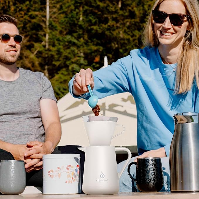 Ideus Insulated Pour Over Coffee Maker 20oz, Stainless Steel Coffee Pot Pour Over Set Camping Coffee Carafe BPA-Free with Dripper for Home, Office & Camping (White)