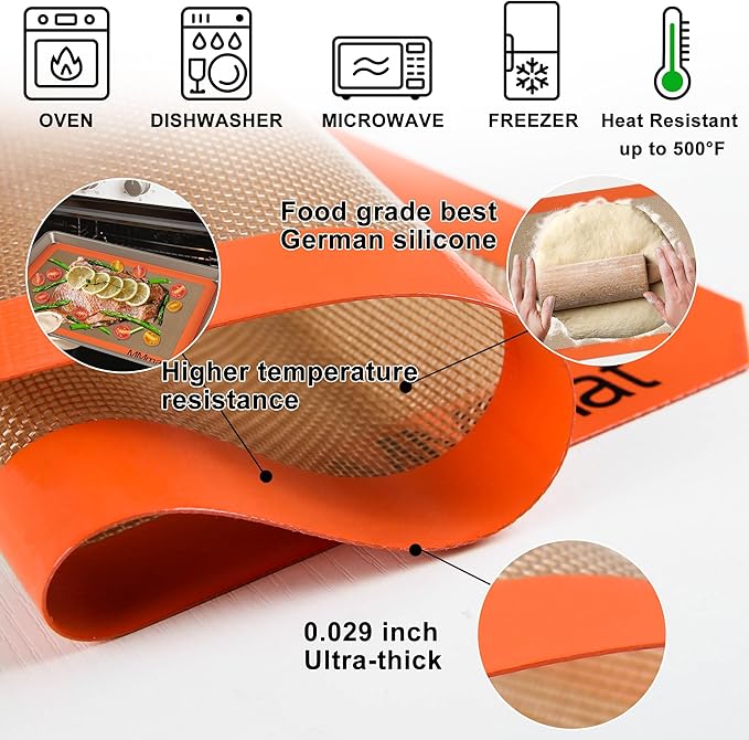 Silicone Baking Mats - Best German Silicone - Non Slip Silicone Baking Sheet, Non Stick Reusable Silicone Mats for Baking, Oven Liner, Counter Mat - Full Size Sheet