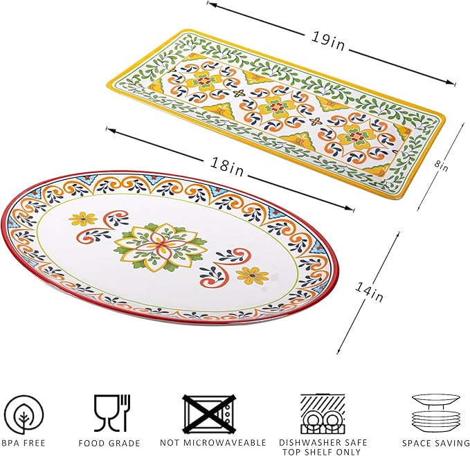 Melamine Serving Platter, Set of 2,Talavera Melamine Large Serving Tray,19''x8'' Rectangular and 18''x14'' Oval Platter Set. Multi-Color