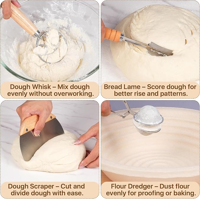 Deluxe Sourdough Starter Kit with Wood Pulp Round & Oval Bannetons & Personalized 34 oz Sourdough Starter Jar Air Flow Lid, Bread Sling Scrapers & Bag Complete Sourdough Bread Baking Supplies
