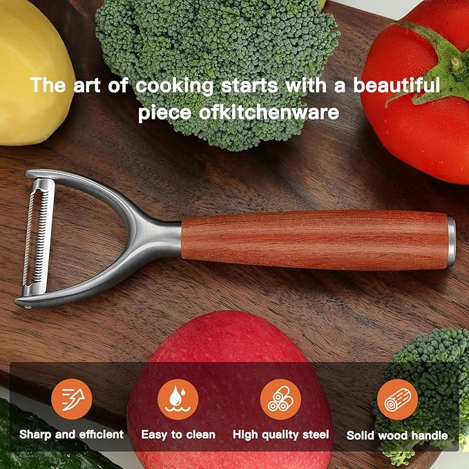 Premium high-end rosewood handle and 304 stainless steel serrated blade - ultra-sharp KULUNER Y-shaped rotary peeler for potatoes, fruits and vegetables, ergonomically designed for easy peeling