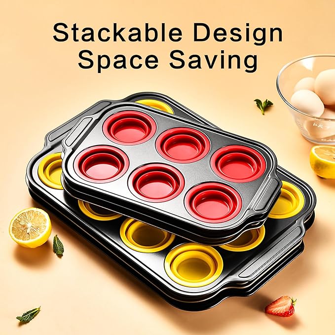 Silicone Muffin Pan Molds, 6 Cups Muffin Pans with Metal Frame, Muffin Pans for Baking, Non Stick Baking Tray for Ovens, Bakeware with Press to Release Design, Cake Pop Mold, Silicone Egg Molds, Red
