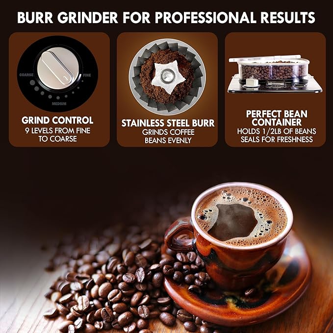 Koolatron Kenmore Elite Grind and Brew Coffee Maker - Built-In Grinder, Automatic Drip Coffee Machine, 12 Cup Programmable Brewer, Bean Grinder and Ground Coffee Brewer, Cafetera con Molino Integrade