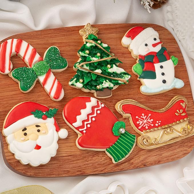Flycalf Christmas Cookie Cutters Xmas Tree Shapes with Plunger Stamps Holiday PLA Baking Accessories Cutter Molds Gifts Decorative Party 3.5" Kitchen Cake Supplies