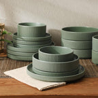 Gibson Elite Deerfield 16-Piece Stoneware Dinnerware Set – Matte Green Stackable Plates and Bowls, Reactive Glaze Finish, Service for 4 – Microwave & Dishwasher Safe