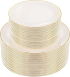 bUCLA 100PCS Ivory Plastic Plates with Gold Rim - Heavy Duty Cream Disposable Include 50 Dinner 10 inch & 50 Dessert 7 inch, for Party & Thanksgiving