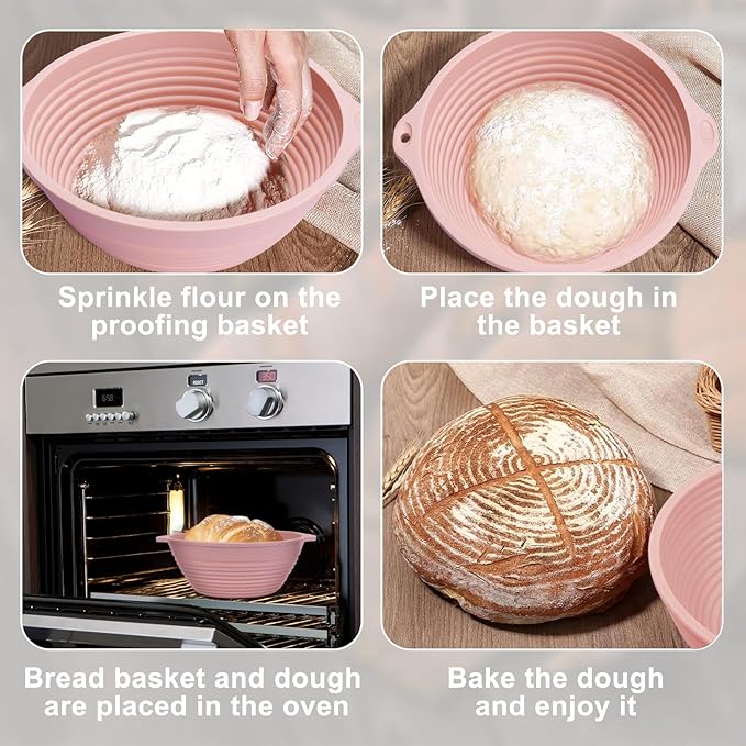 Upgraded Silicone Sourdough Bread Proofing Basket with Handles - Reinforced Rim Support, 9 Inch Non-Stick Round Dough Foldable Bowls for Sourdough Bread Baking, Oven & Dishwasher Safe-BPA Free (Pink)
