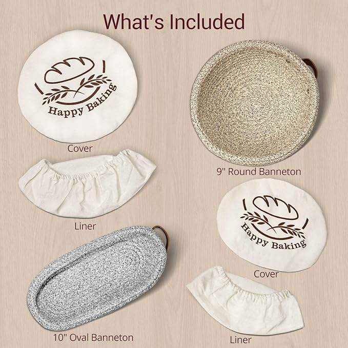Sourdough Proofing Basket, 9" Round & 10" Oval Cotton Rope Banneton Basket Set with Washable Liners & Covers Artisan Bread Baking Supplies, Banneton Bread Proofing