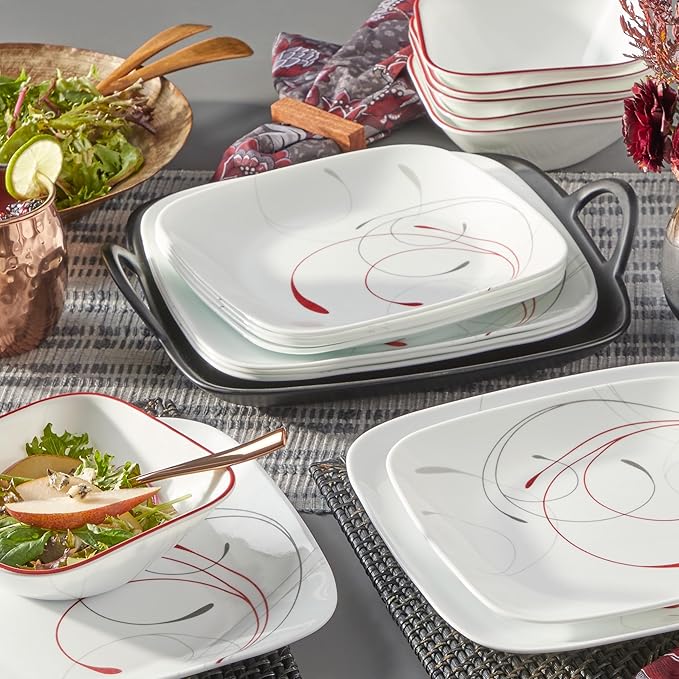 Corelle Vitrelle 18-Piece Service for 6 Dinnerware Set Triple Layer Glass and Chip Resistant, Lightweight Square Plates and Bowls Set, Splendor