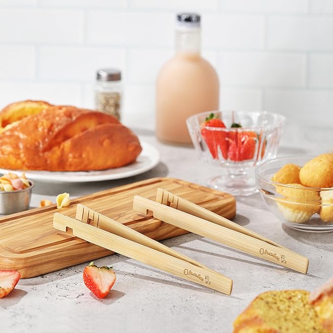 2PCS Reusable Toaster Tongs, OHOLA 8 inch Bamboo Cooking Tong, Multipurpose Wooden Tongs for Toaster, Fruits, Bread, Pickles, Cheese, Bacon, and Muffins (Stylish Pattern)