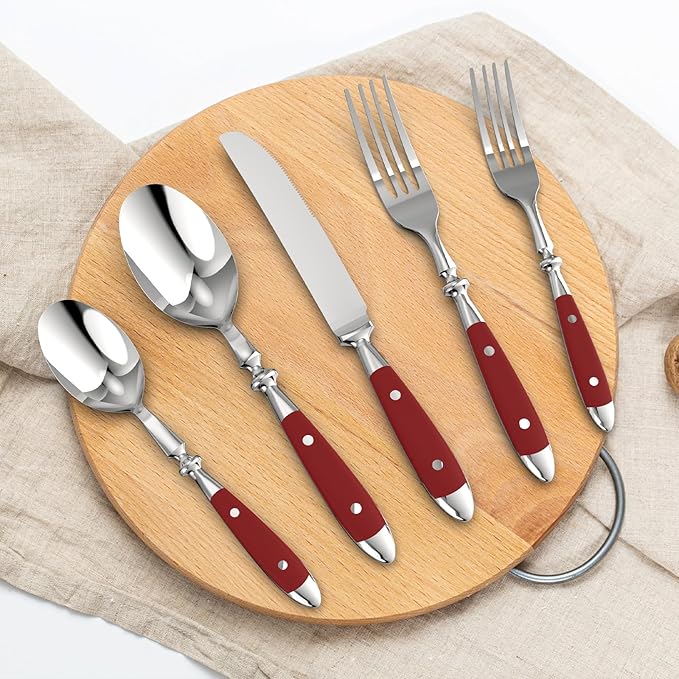 Retro 20-Piece Silverware Set, 304 Riveted Stainless Steel Flatware Set, Vintage Cutlerywith Red Bakelite Handle, Dishwasher Safe| Service for 4