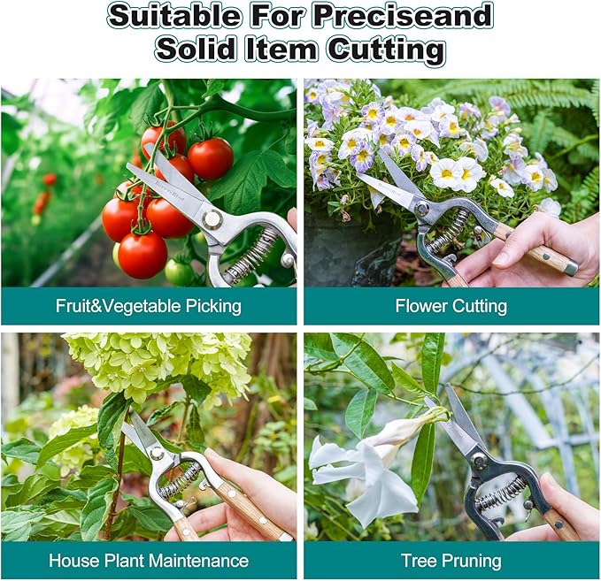 Berry&Bird Straight Pruning Shears with Stainless Steel Blades Garden Hand Pruner 8'' Scissors with Wooden Handle Clippers for Gardening Trimming Cutting Bonsai