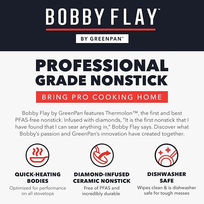 GreenPan x Bobby Flay 8" Nonstick Frying Pan Skillet, PFAS-Free Diamond Ceramic, Induction Suitable, Stay-Cool Silicone Handle, Easy Clean Dishwasher & Oven Safe, Egg & Omelet Pan, Black