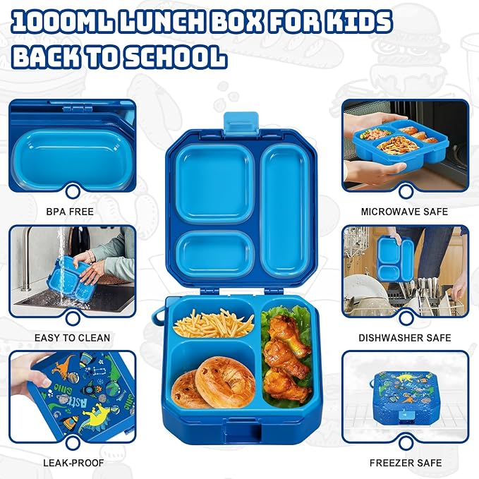 Itslife Bento Lunch Box Set for Kids with 12oz Soup Thermo&Lunch Bag, Leak-Proof Lunch Food Containers for Kids School, 5 Compartment, Sauce Cup, 10 Notes (Blue Dinosaurs)