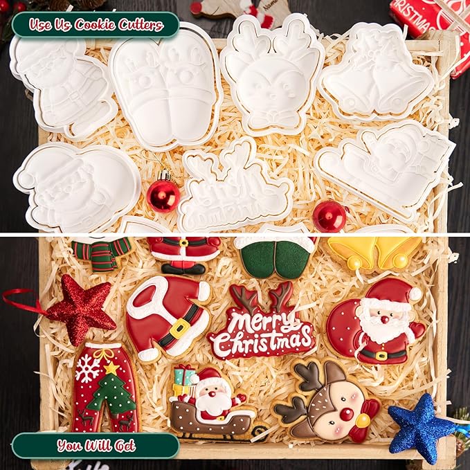 Flycalf Christmas Cookie Cutters Santa Gift with Plunger Stamps Holiday PLA Baking Accessories Cutter Molds Gifts Decorative Party 3.5" Kitchen Cake Supplies