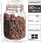 50 oz Glass Jars with Airtight Lids, Wide Mouth Mason Jars with Clip Top Lids for Kitchen - Square Glass Jars with Chalkboard Labels and Replacement Silicone Gaskets, Set of 4