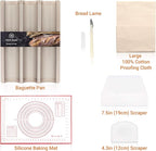 French Bread Kit - Baguette Pan for Baking, Silicone Baking Mat, Dough Cutter and Scraper, Bread Lame Cutter, & Bakers Couche Proofing Cloth - Nonstick Bread Pans for Homemade Bread Gift Set