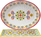 Melamine Serving Platter, Set of 2,Talavera Melamine Large Serving Tray,19''x8'' Rectangular and 18''x14'' Oval Platter Set. Multi-Color