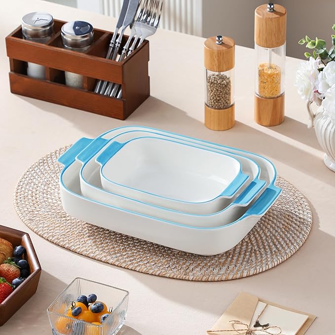 MALACASA Casserole Dishes for Oven, Ceramic Baking Dishes Set of 3, Rectangular Lasagna Pan Deep Baking Pans, Bakeware Sets with Handles Gift Set, White with Blue Trim(13.8''/11.7''/9.4''), Series BAKE