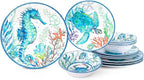 LEHAHA 12-Piece Melamine Beach Dinnerware Set, Coastal Plates and Bowls Sets, Oceanic Sea Life Dish Sets for 4, Great for Indoor Outdoor Dining on the Beach, RV, Camping or Cabin