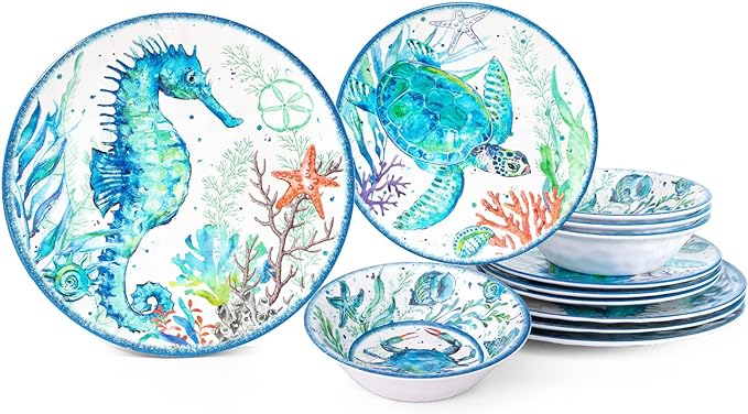 LEHAHA 12-Piece Melamine Beach Dinnerware Set, Coastal Plates and Bowls Sets, Oceanic Sea Life Dish Sets for 4, Great for Indoor Outdoor Dining on the Beach, RV, Camping or Cabin