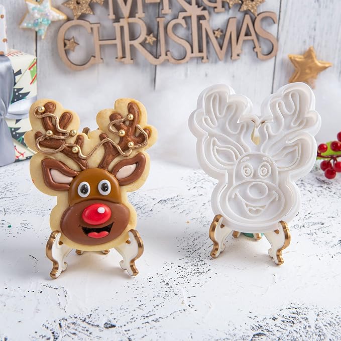 Flycalf Christmas Cookie Cutters for Holiday Baking, with 3D Stamper Reindeer Shapes 3“ Eco-Friendly PLA Kitchen Cake Decorating Birthday Gifts Party Pastry Mold Supplies Biscuit Fondant Tools,3''