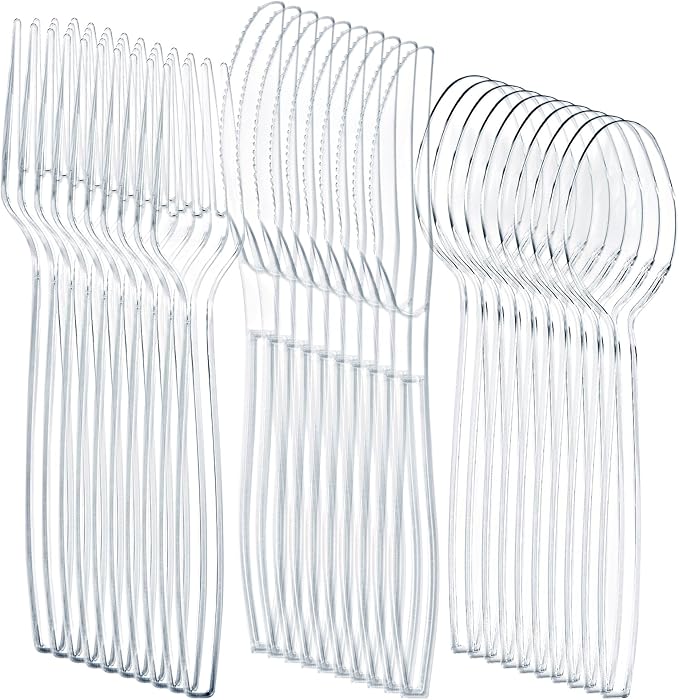 Liacere 360PCS Heavy Duty Clear Plastic Silverware, 150 Forks, 150 Spoons, 60 Knives, BPA-Free, Heat Resistant, Disposable Plastic Utensils Set, Plastic Cutlery Set, Plasticware Bulk for Party