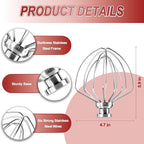Dishwasher Safe 6 Wire Whisk,Upgrade Real Stainless Steel 6 Wire Whip Attachment for Kitchen aid Mixer,Replace K45WW Whisk Fits Kitchen aid 4.5-5 QT Tilt-Head Stand Mixer,Fast Whipping,No Aluminum