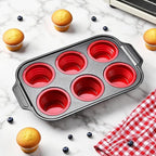 Silicone Muffin Pan Molds, 6 Cups Muffin Pans with Metal Frame, Muffin Pans for Baking, Non Stick Baking Tray for Ovens, Bakeware with Press to Release Design, Cake Pop Mold, Silicone Egg Molds, Red