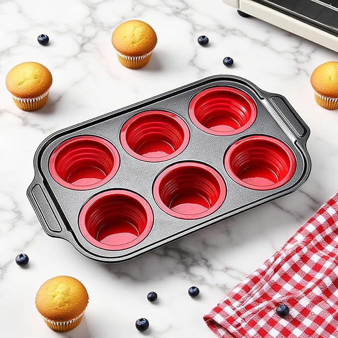 Silicone Muffin Pan Molds, 6 Cups Muffin Pans with Metal Frame, Muffin Pans for Baking, Non Stick Baking Tray for Ovens, Bakeware with Press to Release Design, Cake Pop Mold, Silicone Egg Molds, Red
