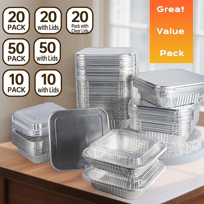 Aluminum Pans 8x8-10 Pack Disposable Foil Pans, Heavy Duty Aluminum Roasting Trays for Baking, Cooking, Heating, Storing, Prepping Food