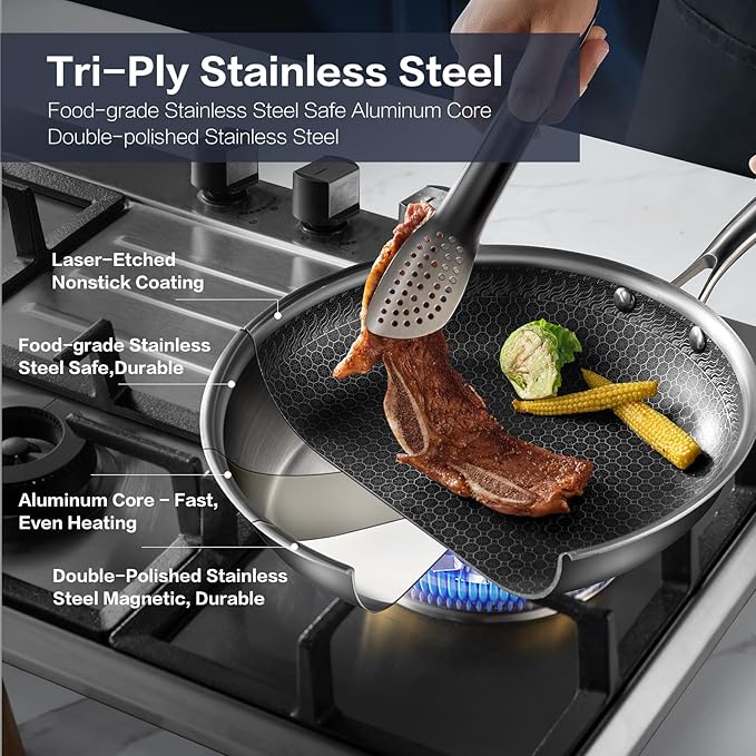 Nonstick Frying Pans with Lid,8/10/12 inch Stainless Steel Skillet Set with Honeycomb Surface, Induction Compatible, Oven & Dishwasher Safe, PFAS-Free Cookware Sets (Stainless Steel, Frying Pan 6PCS)