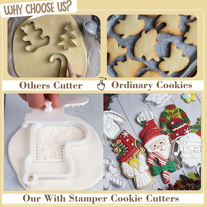 Flycalf Christmas Cookie Cutters Xmas Tree Shapes with Plunger Stamps Holiday PLA Baking Accessories Cutter Molds Gifts Decorative Party 3.5" Kitchen Cake Supplies