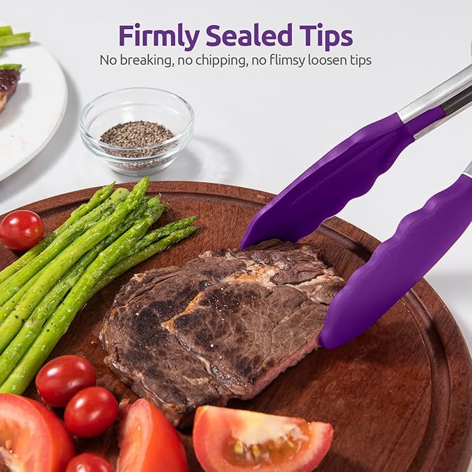 600ºF Heat Resistant Kitchen Tongs: U-Taste 9+12 inch Silicone Cooking Tong Set with Firm Sealed Non Stick Rubber Tips and Silicon Coated 18/8 Stainless Steel Handle for Serving Grilling Salad(Purple)