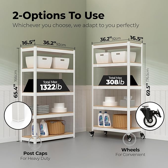 HOMEDANT House White 5-Tier Metal Rolling Cart Shelf Rack Casters Heavy Duty Wheel Shelving Unit Adjustable Utility Storage Shelves Organizer Shelf Kitchen Garage 36.2" W x 16.5" D x 69.5" H 3Pack