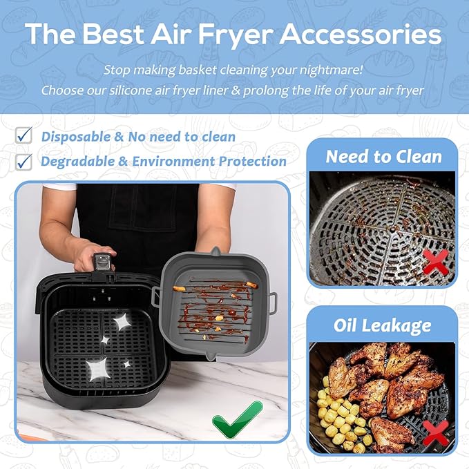 [2 Pack] Silicone Air Fryer Liners Square - Reusable Airfryer Basket - Easy to Clean Air Fryers Pot for 5.8 to 8 Qt Large Air Fryer Baking Tray Oven Accessories, 8.5 Inch